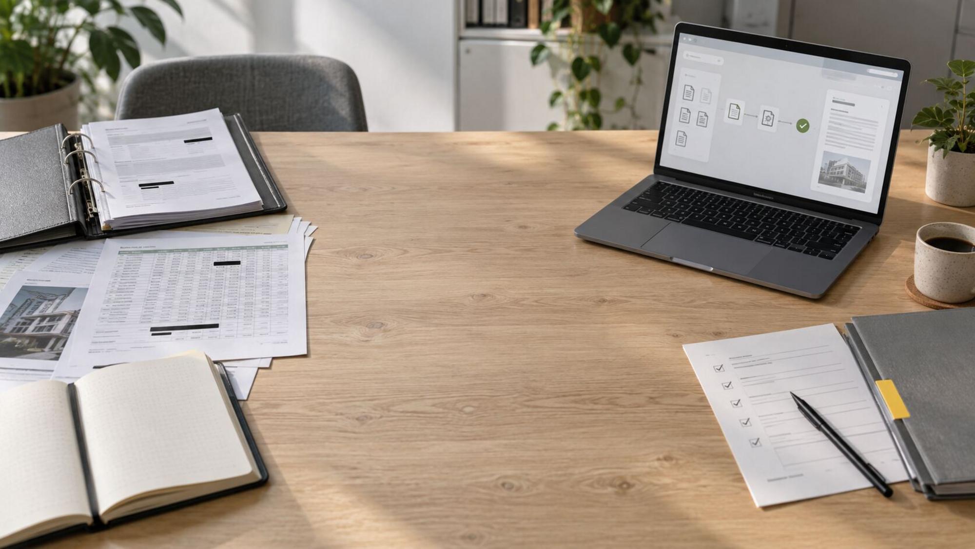 Besprechungstisch mit Ordnern, Tabellen und aufgeschlagenem Notizbuch, daneben ein Laptop und eine Checkliste