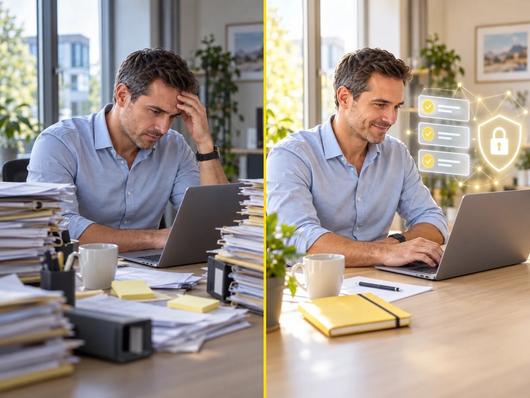 Vorher und nachher: links ein gestresster Mitarbeiter am Schreibtisch zwischen hohen Aktenstapeln, rechts derselbe Mitarbeiter entspannt am Laptop, daneben erledigte Aufgaben mit Häkchen und ein Schloss als Zeichen für geschützte Daten