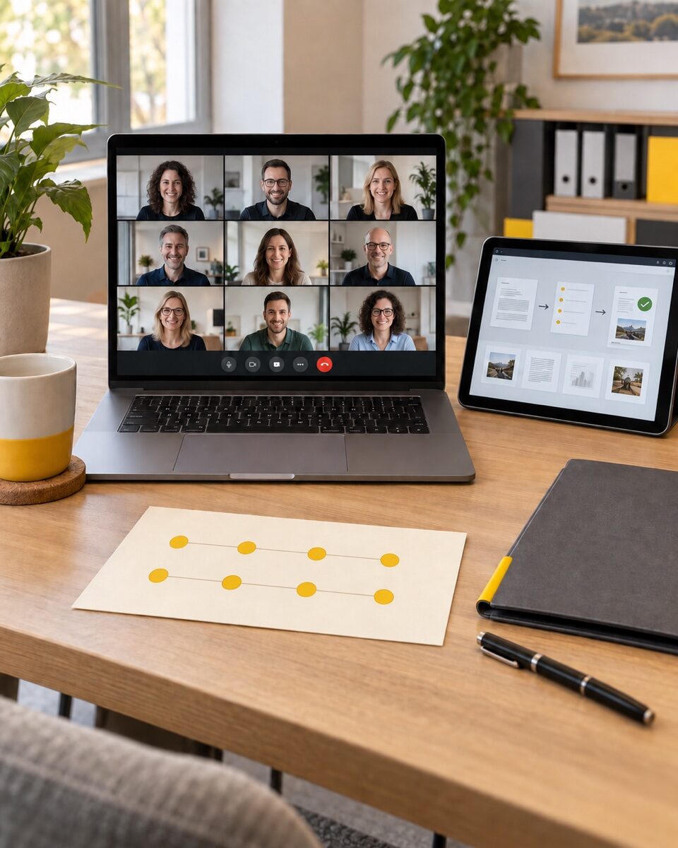 Laptop mit einer Lerngruppe in der Videokonferenz, daneben ein Tablet mit Lehrgangsmaterial, ein Ablaufplan und ein Notizbuch