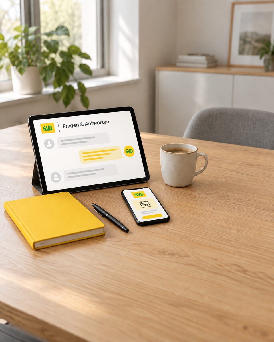 Tablet mit Fragen und Antworten, daneben Smartphone, gelbes Notizbuch und Kaffeetasse