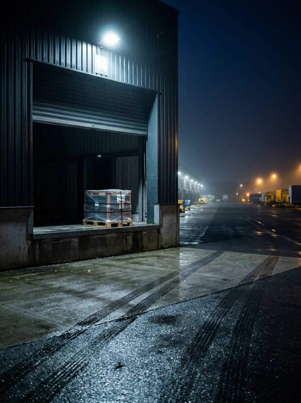 Leere Verladerampe bei Nacht, Reifenspuren auf nassem Beton
